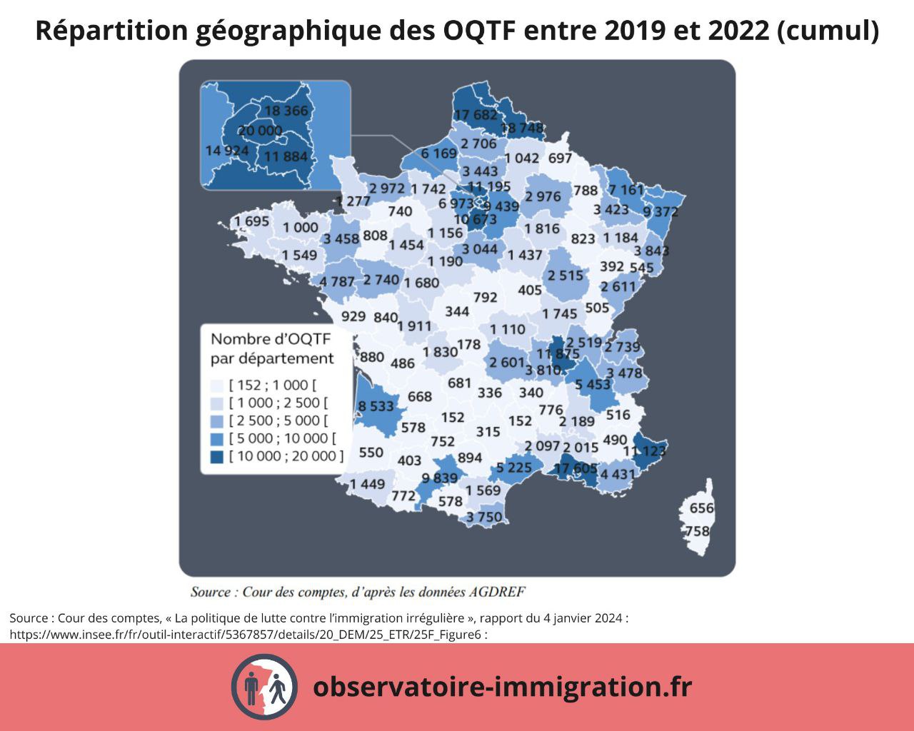 Répartition par département des obligations de quitter le territoire français (OQTF) émises entre 2019 et 2022